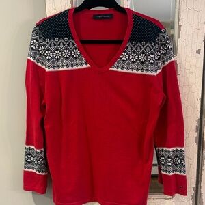 Tommy Hilfiger Women’s Red V-Neck Sweater with Black and White Nordic pattern